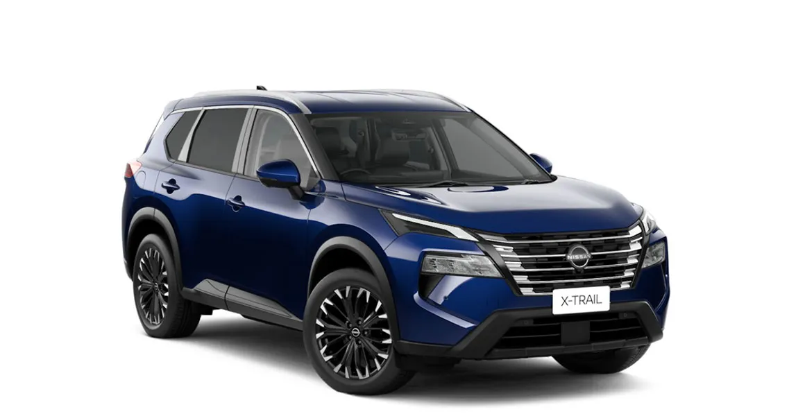 Nissan X-Trail 2.5 Acenta Plus 7s Xtronic CVT 4WD in blue, front three quarter view