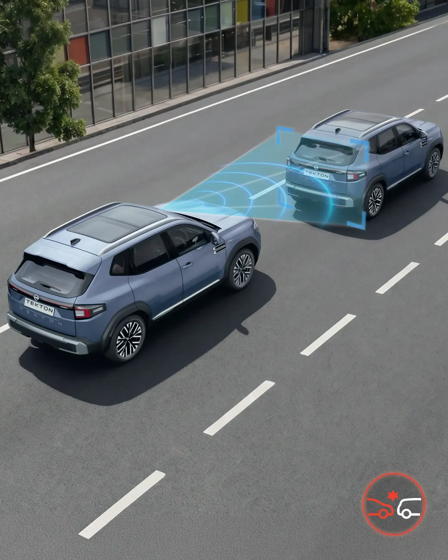 Nissan Tekton front camera detecting a vehicle ahead for emergency braking